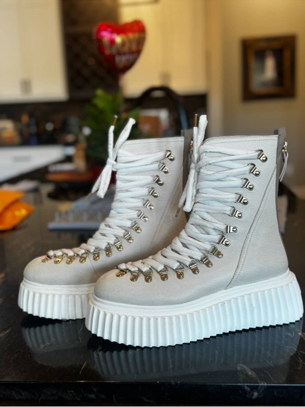 AGL Dromo Platform Lace-Up Ankle Boots in cream. Size 39.5.